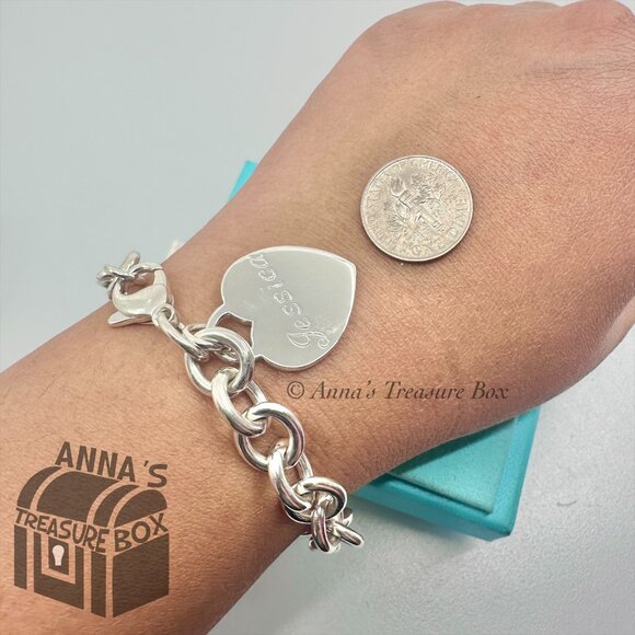 Tiffany & Co. 925 Silver Engraved "Jessica" Heart Tag Charm 7.75" Bracelet (pch) - Picture 6 of 6